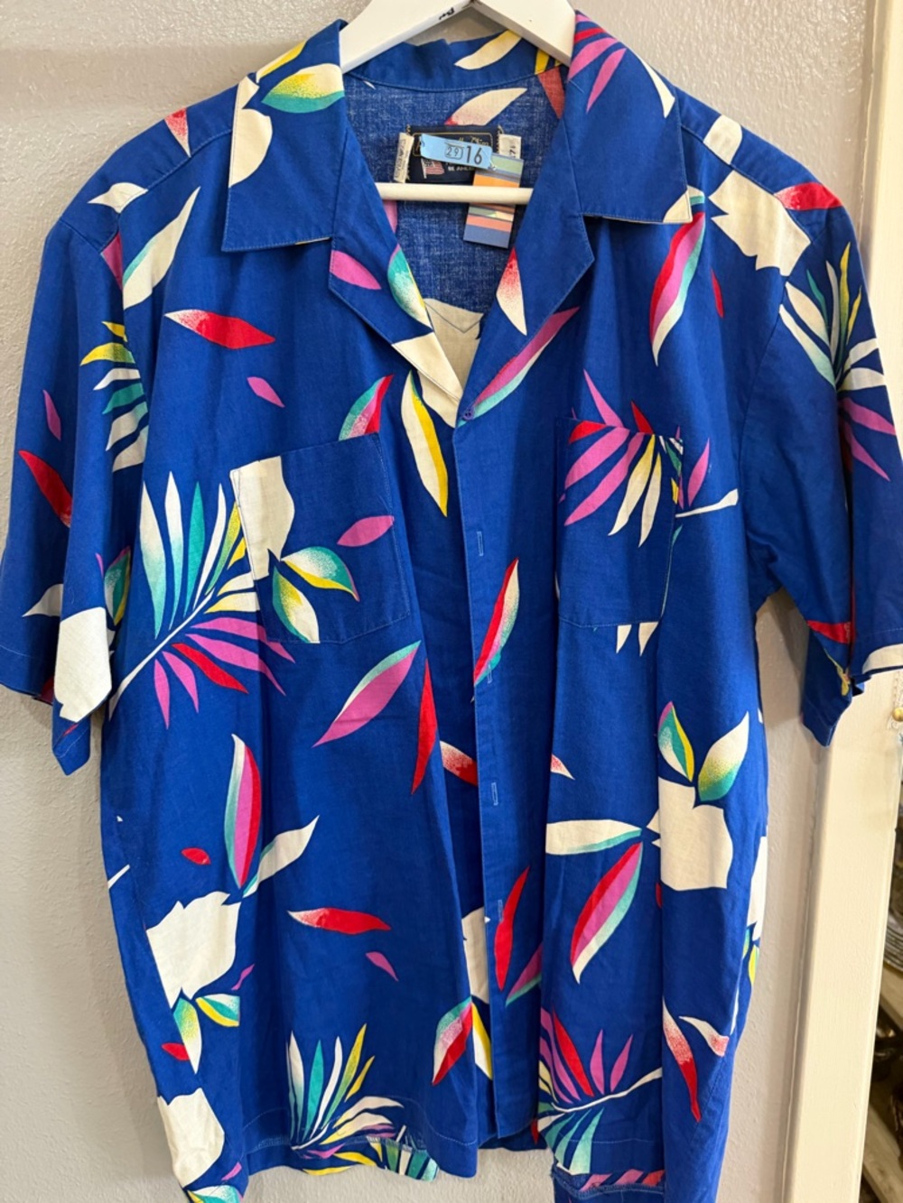 Panhandle Slim Blue Short-Sleeve Button-Down Tropical Print Shirt